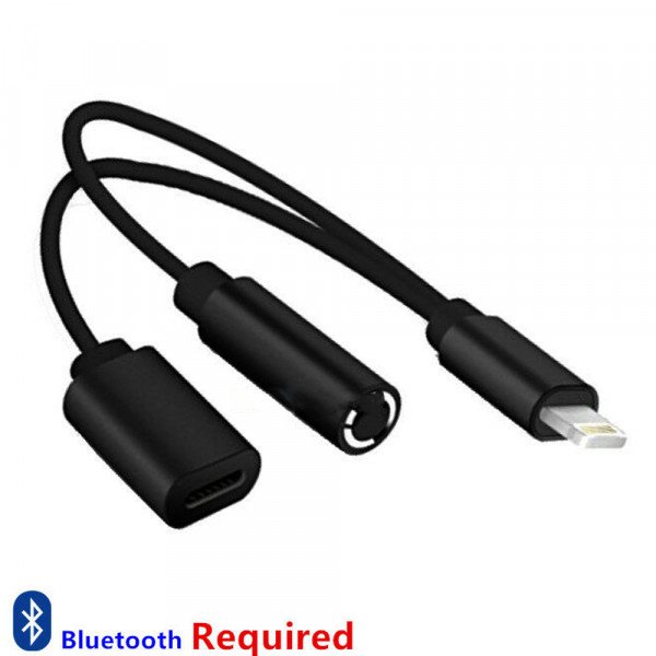 Wholesale 2 in 1 Bluetooth WIRED IP Lighting to Earphone Headphone Jack Adapter with Charge Port for Apple iPhone (Black)